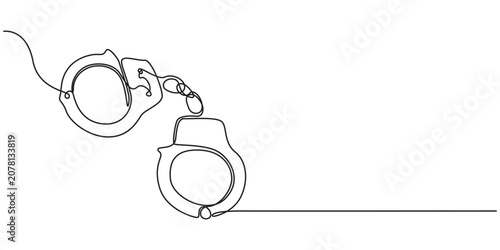 Handcuffs in one continuous line drawing. Symbol of police justice and jail prison concept in simple linear style. True crime web banner with editable stroke. Doodle vector illustration, Handcuffs one
