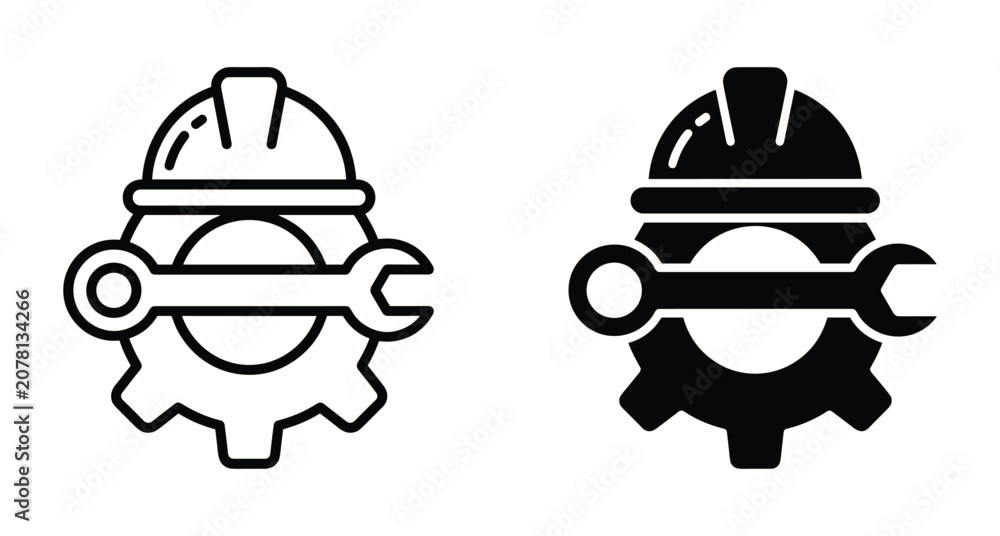 Fototapeta premium Industrial maintenance icon set featuring safety hard hat gear and wrench symbols for construction engineering repair service and technical support work