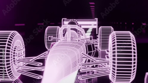 Moving camera circling wireframe Formula car in studio, revealing cockpit, wheels, neon reflections