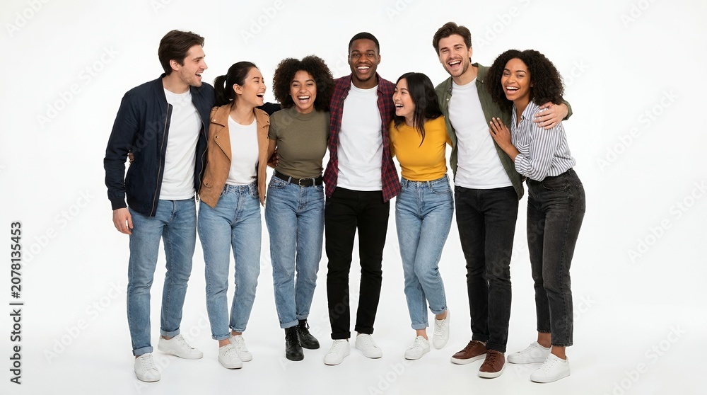 Obraz premium Diverse group of happy friends standing together and laughing on a white background, sharing a joyful moment of unity