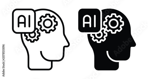 Human head profile icon set with gears and intelligence symbol representing machine learning automation cognitive processing digital brain technology and logic