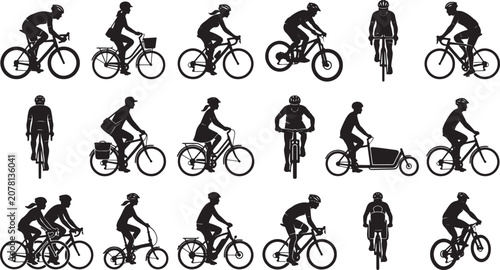 Set of cyclist silhouettes in various riding positions and bike types for urban transport and sport design