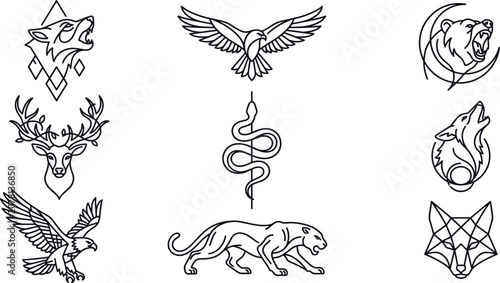 Canvas Print Wild Animal Tattoo and Mascot Outline Icon Set with Wolf, Eagle, Bear, Deer, Pan