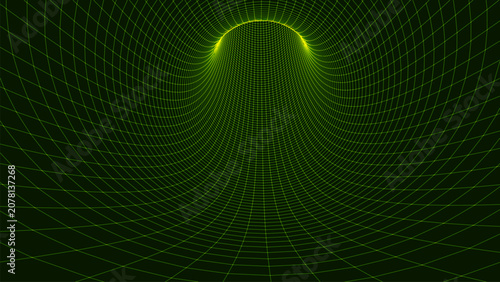 An abstract visualization of a funnel or tunnel, created from a multitude of bright, smooth lines, creating a deep perspective and the effect of virtual space against a dark background. Linear vector 