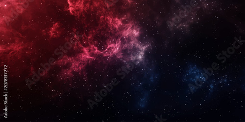 Obraz na plátně Vibrant red and blue nebulae swirl amidst a field of distant stars, creating a cosmic spectacle of profound beauty and mystery in the vast expanse of outer space