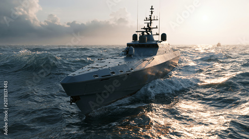 Military unmanned surface vessel equipped with radar systems patrolling tropical waters, cinematic maritime surveillance atmosphere