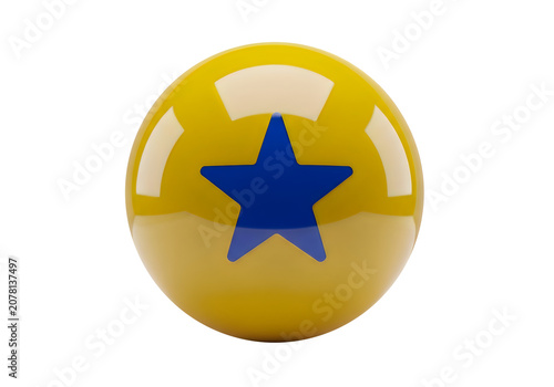 Glossy Golden Sphere with Blue Star Isolated on White Background