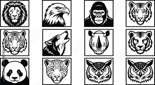 Photography Wild Animal Head Mascot Icon Set with Lion, Eagle, Gorilla, Tiger, Wolf, Rhinoce