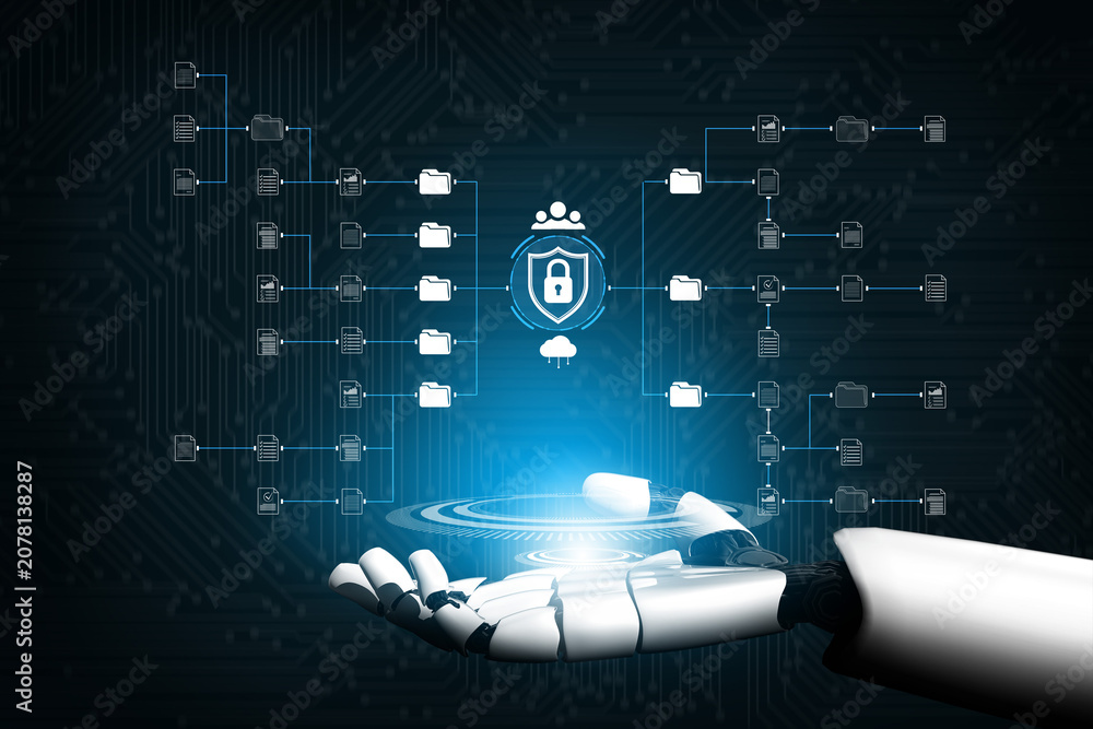 Obraz premium Futuristic Robotic Hand with Digital Lock Symbol on Data Protection Concept with Cloud Storage and Secure File Management Systems in a Virtual Environment. Sentient.