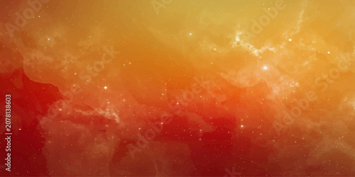 Obraz na plátně A warm, abstract nebula glows with fiery hues of orange and yellow, speckled with distant, shimmering stars, evoking a sense of cosmic wonder and infinite possibility