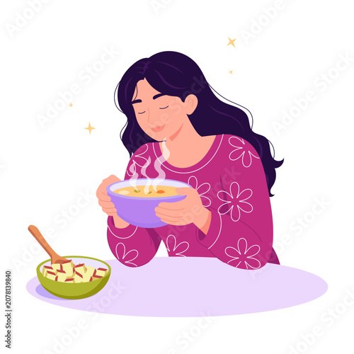 Woman eating from a bowl calmly with food nearby.
