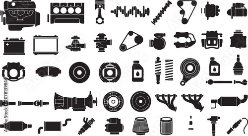 Bild auf Leinwand Black automotive parts and engine icons set