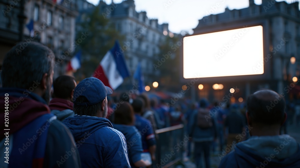 Fototapeta premium French fans gathering at outdoor public viewing area with giant blank screen at dusk