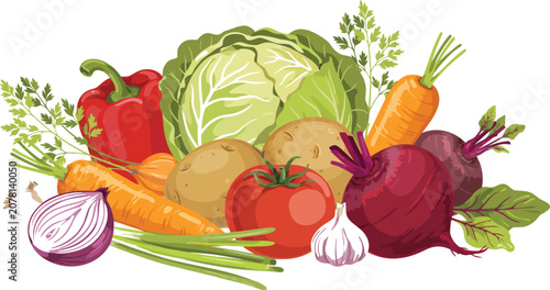 Foto Fresh organic vegetables pile vector illustration with hand drawn raw farm food isolated on white background
