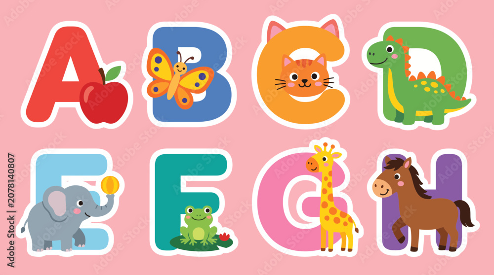 Obraz premium Vibrant educational vector illustration featuring colorful alphabet letters accompanied by cute animal and object characters for children learning basic language