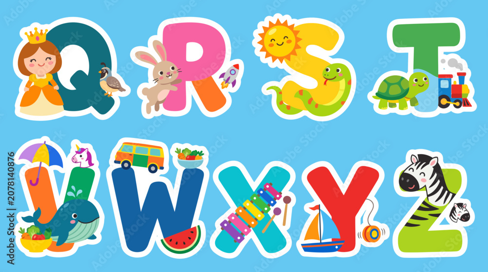 Fototapeta premium Colorful vector alphabet illustration featuring cute characters and objects for each letter from q to z for children education