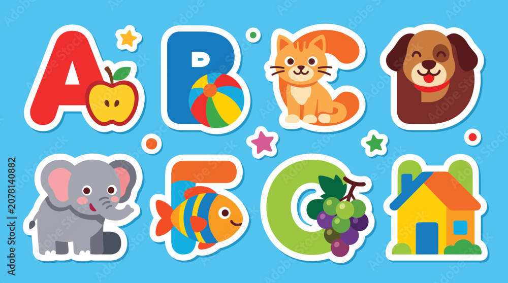 Fototapeta premium Colorful vector alphabet illustration featuring cute animals and objects for children learning their letters in a bright playful style
