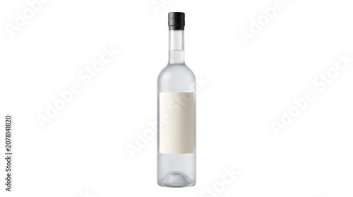 Clear glass liquor bottle with cap.