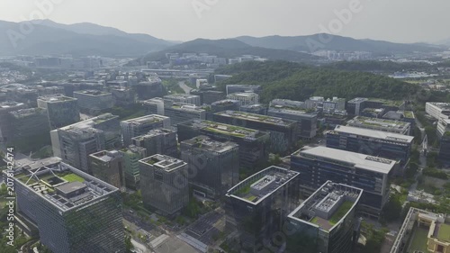 Aerial Drone View of Pangyo Techno Valley IT Industrial Complex and Cityscape in Seongnam, South Korea