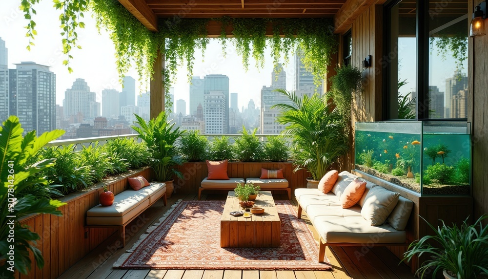 Fototapeta premium Rooftop apartment balcony oasis with green plants and aquarium. Cityscape background with lush greenery and seating area. Urban living space offers tranquil escape.
