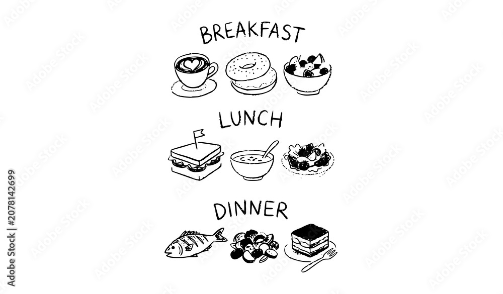 Fototapeta premium Quirky crayon style breakfast lunch and dinner doodle icons vector for cafe menus and wedding invitations.