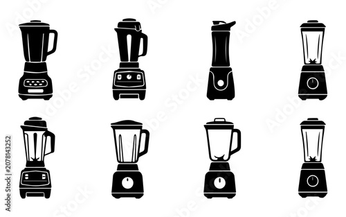 Set of 8 Black Blender Icons, Kitchen Appliance Vector Graphics, Smoothie Maker Silhouettes