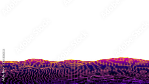 Retro neon red and orange glowing wireframe hilly terrain landscape on transparent background