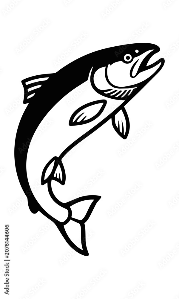 Naklejka premium Stylized jumping salmon fish leaping in a dynamic curve with clean monoline black outlines isolated on a white background, animal wildlife nature concept