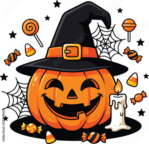 Happy halloween silhouette pumpkin in witch hat with candy and spider web