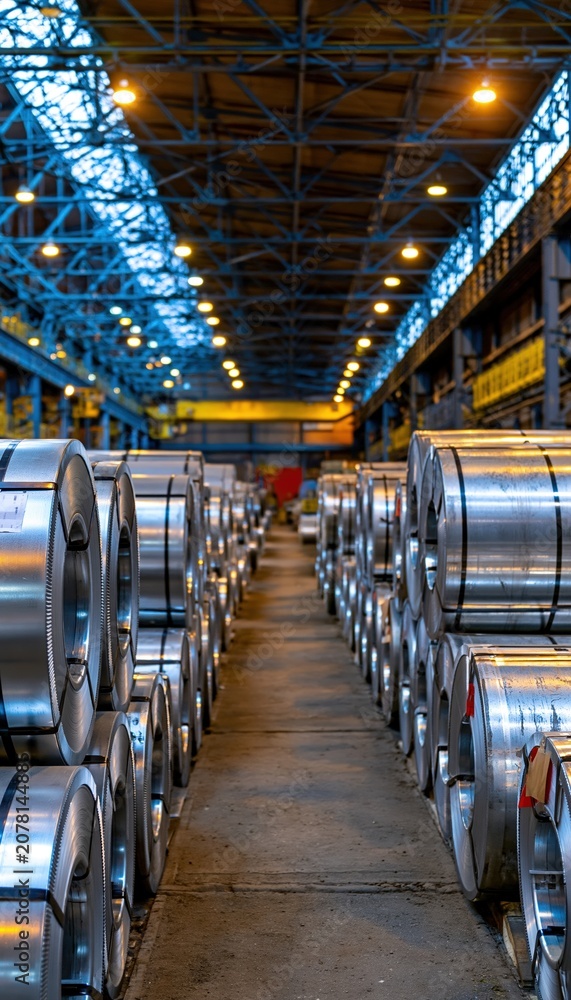 Fototapeta premium Steel coils stacked in large industrial storage hall with high roof trusses