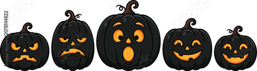 Happy halloween silhouette pumpkins with various facial expressions.