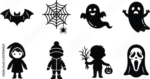 Happy halloween silhouette icons set including ghost bat spider web and kids in costumes.