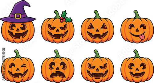 Happy halloween pumpkins silhouette friendly faces.