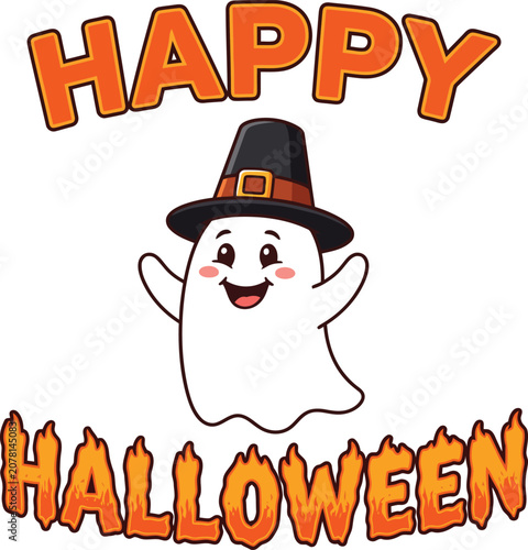 Happy halloween silhouette ghost wearing pilgrim hat.