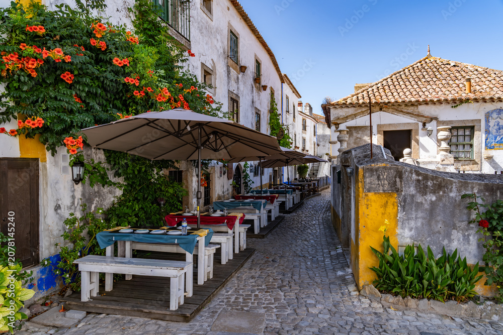 Obraz premium Óbidos is one of Portugal's best-preserved medieval towns, famous for its hilltop castle, whitewashed houses with blue and yellow trim, and walkable cobblestone streets surrounded by fortified walls.