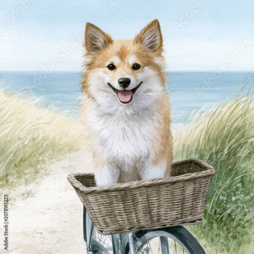 Dog rides in basket of bicycle near beach with grass and water in background