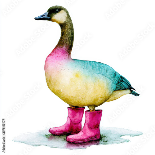 Duck wearing pink boots stands on a wet surface