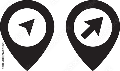 Obraz na plátně Two black location pin icons with directional arrows pointing southwest and nort