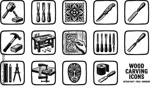 Schilderij op canvas Wood carving icons set vector featuring carpenter tools chisels mallet workbench
