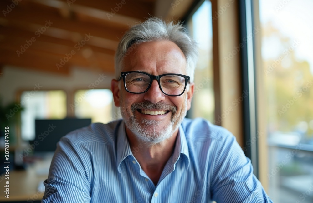 Fototapeta premium Smiling mature man with grey hair and beard wears glasses. He is in a blue striped shirt. He works in a bright modern office with natural light, looking confident.