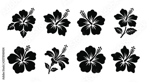 Set of black hibiscus flower icons and botanical silhouettes