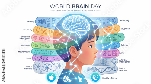 Innovative World Brain Day illustration presenting transparent cognitive layers inside a child's brain representing creativity, memory, emotions, science, language and lifelong learning.