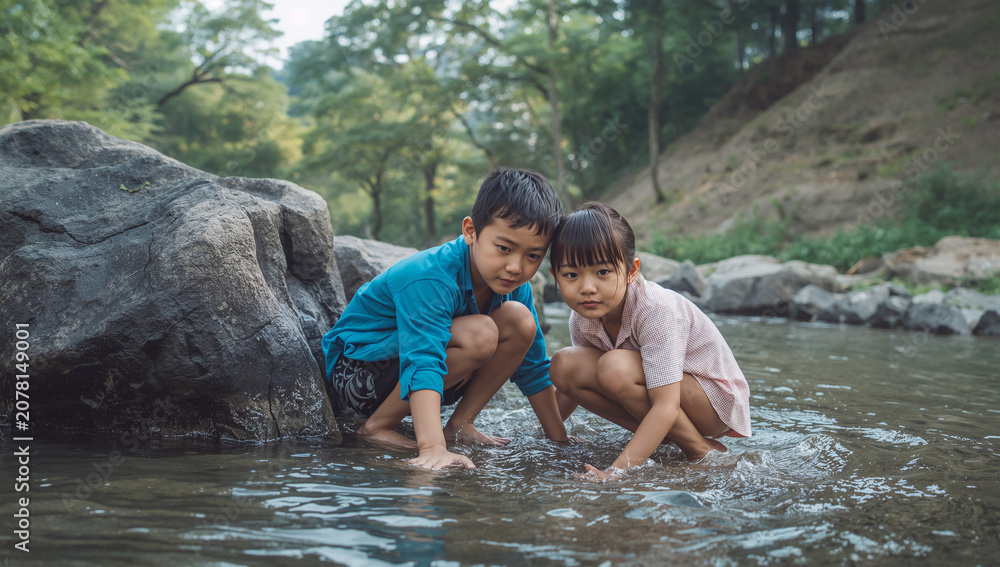 Fototapeta premium 夏休みに浅い川で水遊びをする日本人兄弟