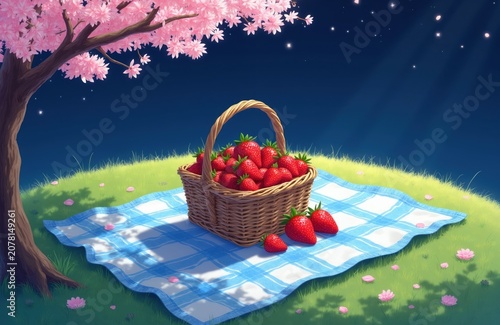 Basket of fresh strawberries sits on a checkered blanket under a blooming cherry tree at night. Soft pink petals fall gently onto the green grass. Stars twinkle in the dark blue sky above.