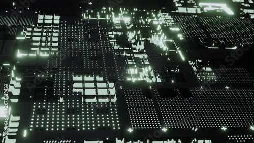 A close-up of a high-tech printed circuit board with bright neon lights. The complexity of modern electronics and microchip architecture. Innovation, data processing speed, and computing technologies.
