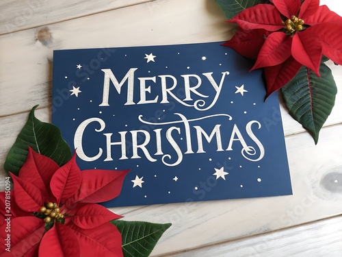 Merry Christmas card with red poinsettia flowers on wood