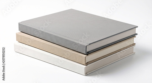 Stack of blank hardcover books mockup with linen texture on white background. Premium fabric covers in neutral colors for branding, portfolio, photo album, novel and editorial layout design.