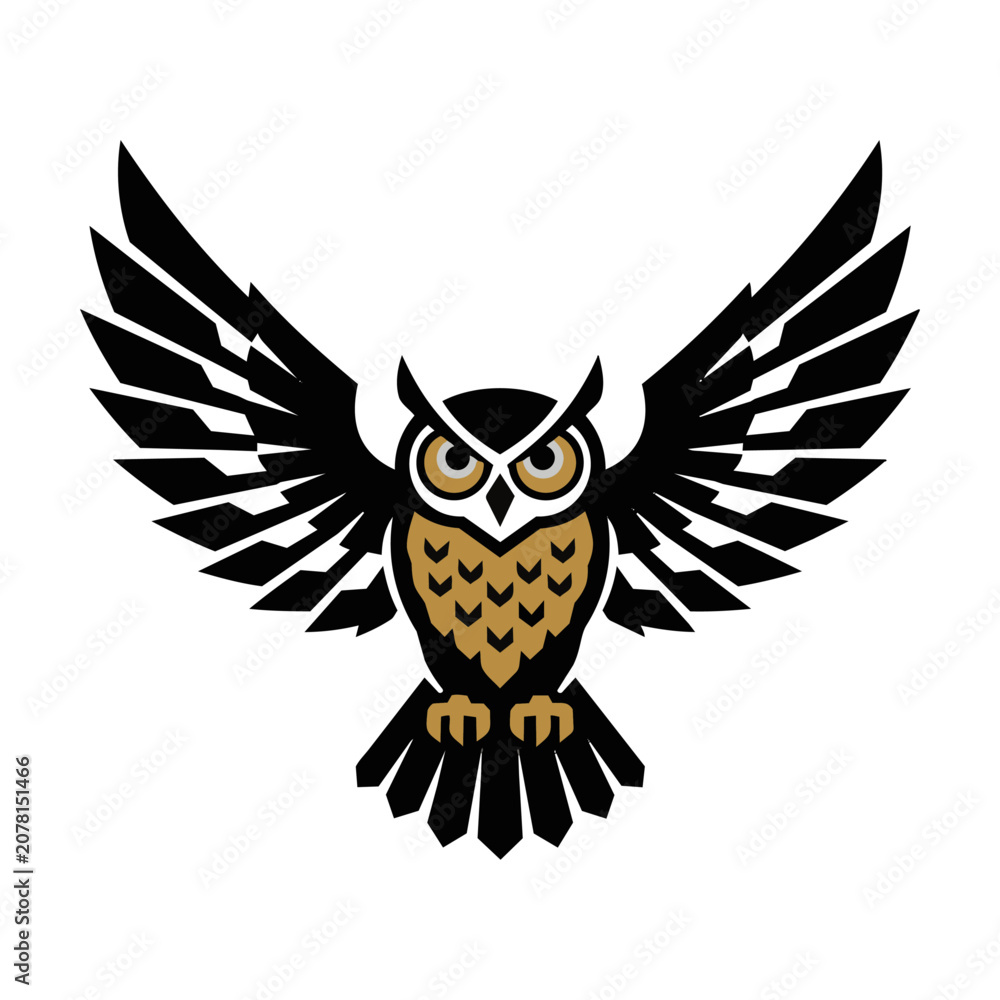 Obraz premium Great horned owl emblem with symmetrical wings spread wide in a bold minimalist graphic style on a plain white background, wildlife and nature design concept