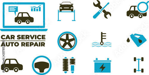 Car and auto repair vector illustration. Concept with icons related to car service and inspection, motor check, oil change, automotive maintenance, vehicle or automobile repair shop.
