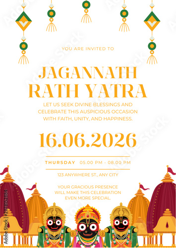 Jagannath Rath Yatra invitation card, Indian festival celebration, Hindu cultural event, traditional colorful poster